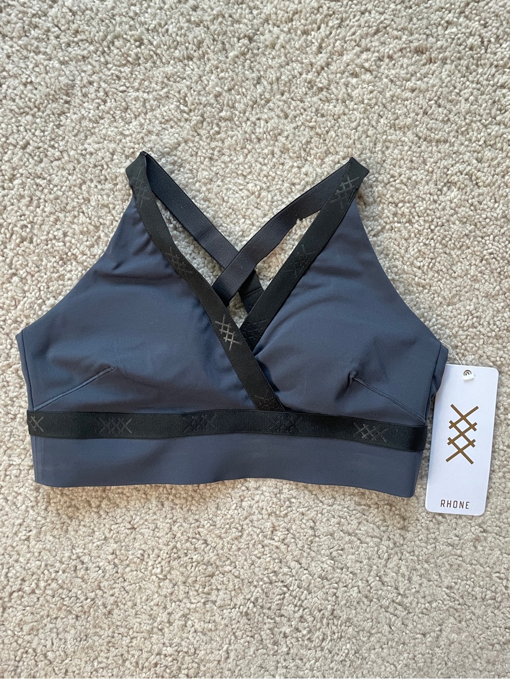 RHONE Banded High-Form Blue Black V-Neck Criss-Cross Back Sports Bra Size Small